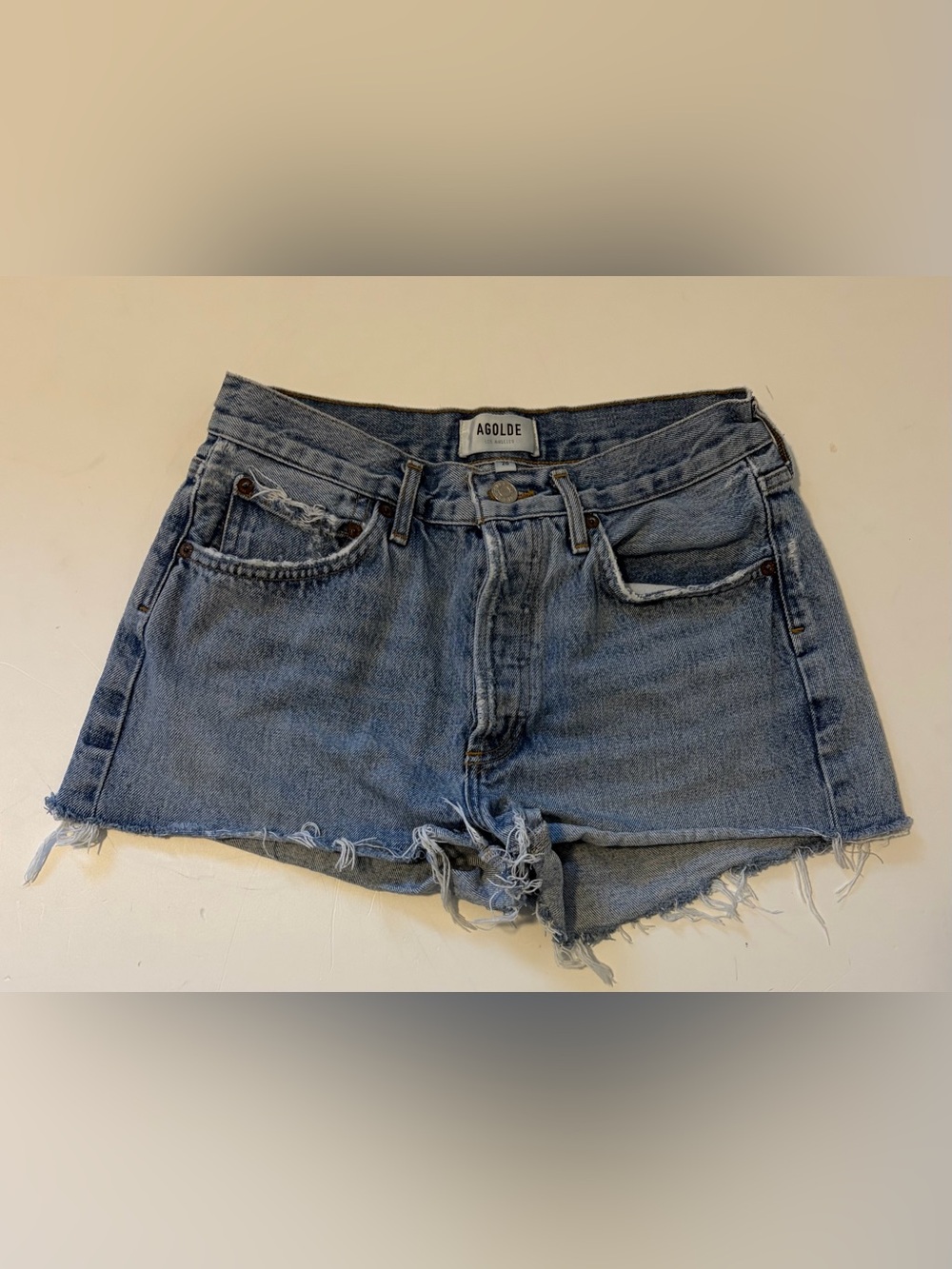 Agolde Light Blue Distressed Denim Cutoff Shorts